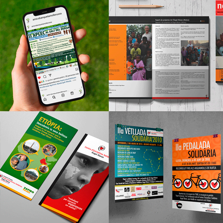 Diferentes trabajos solidarios de diseño gráfico e impresión realizados por la imprenta solidaria SuperPrinting.es