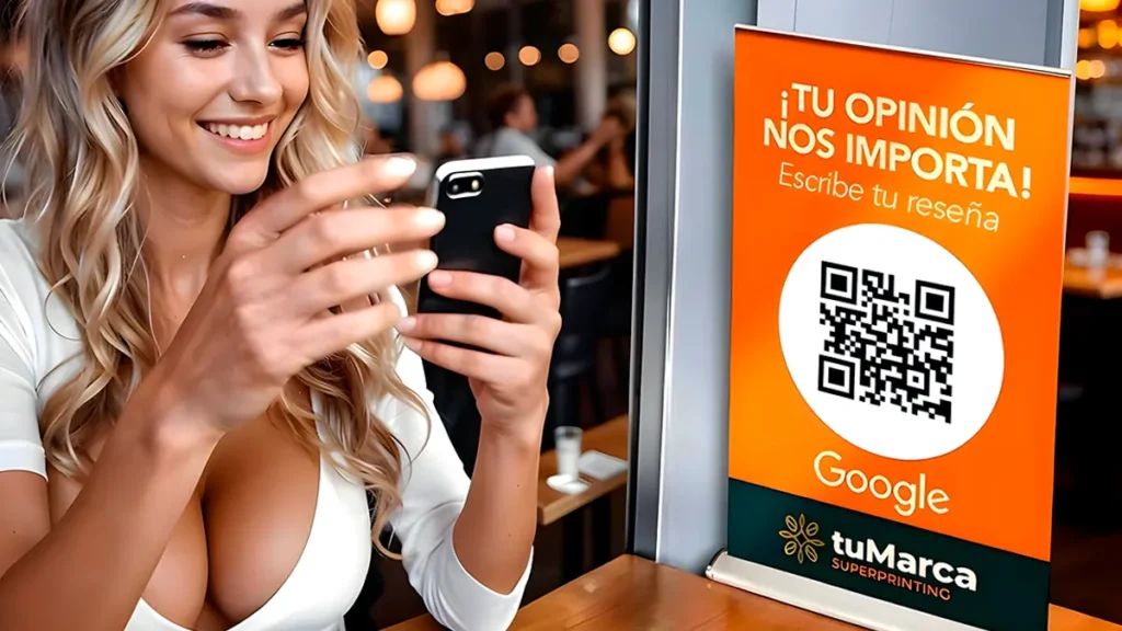 Cliente satisfecho usando su móvil para dejar una reseña de Google en un negocio.