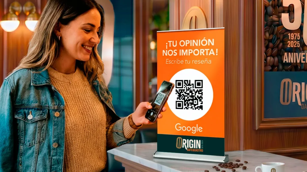 Cómo conseguir más reseñas en Google con QR impreso 2 Cliente escaneando un QR para dejar una reseña en Google