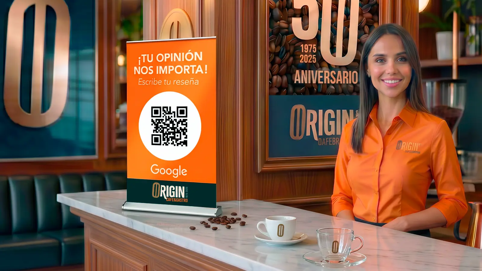 Cómo conseguir más reseñas en Google con QR impreso 1 Mini roll up con QR para conseguir más reseñas en Google en un mostrador