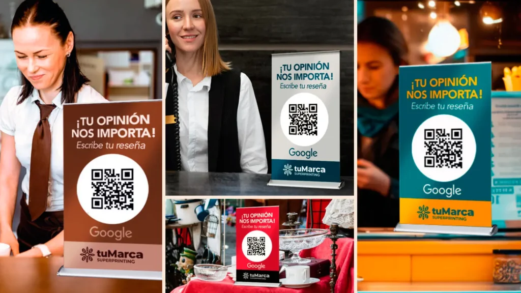Cómo conseguir más reseñas en Google con QR impreso 7 Mini roll up con QR para reseñas de Google en diferentes negocios y mostradores