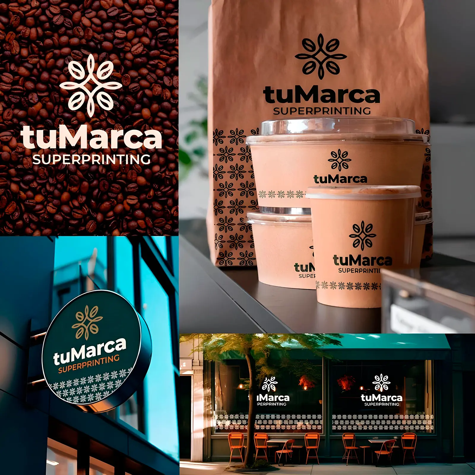 Ejemplo de logotipo aplicado en packaging, vasos, rótulo y fachada de negocio