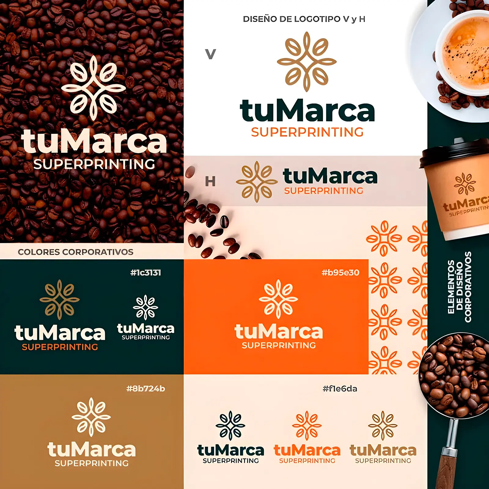 Ejemplo de identidad visual con versiones del logotipo y colores corporativos