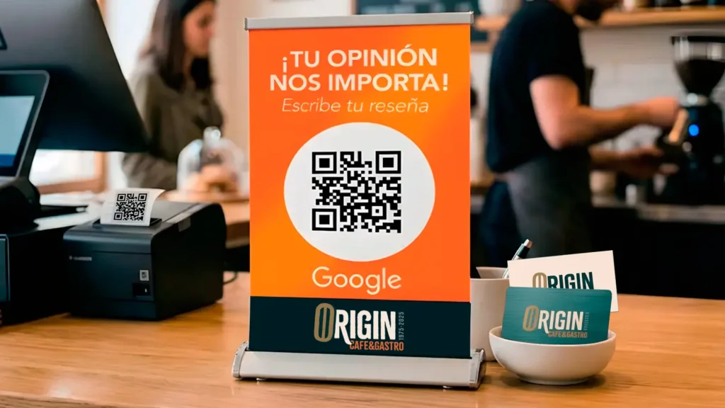 Cómo conseguir más reseñas en Google con QR impreso 3 Mini roll up con QR para pedir reseñas de Google en un restaurante