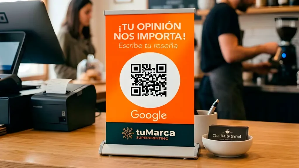 Mini Roll Up con QR para reseñas de Google colocado en un mostrador de negocio