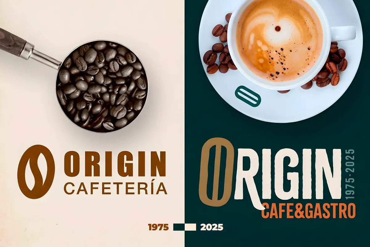 Rebranding de Origin Café & Gastro con evolución de marca desde la cafetería original hasta una identidad más moderna y gastronómica