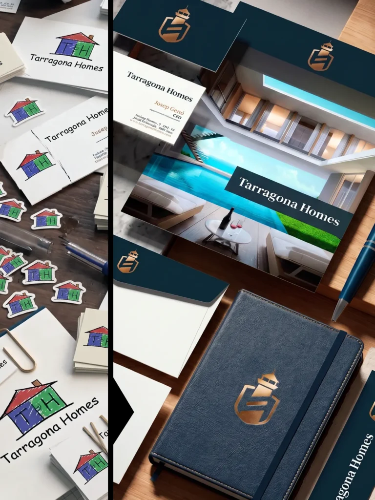 Antes y después de un rediseño de branding con papelería corporativa de una inmobiliaria.
