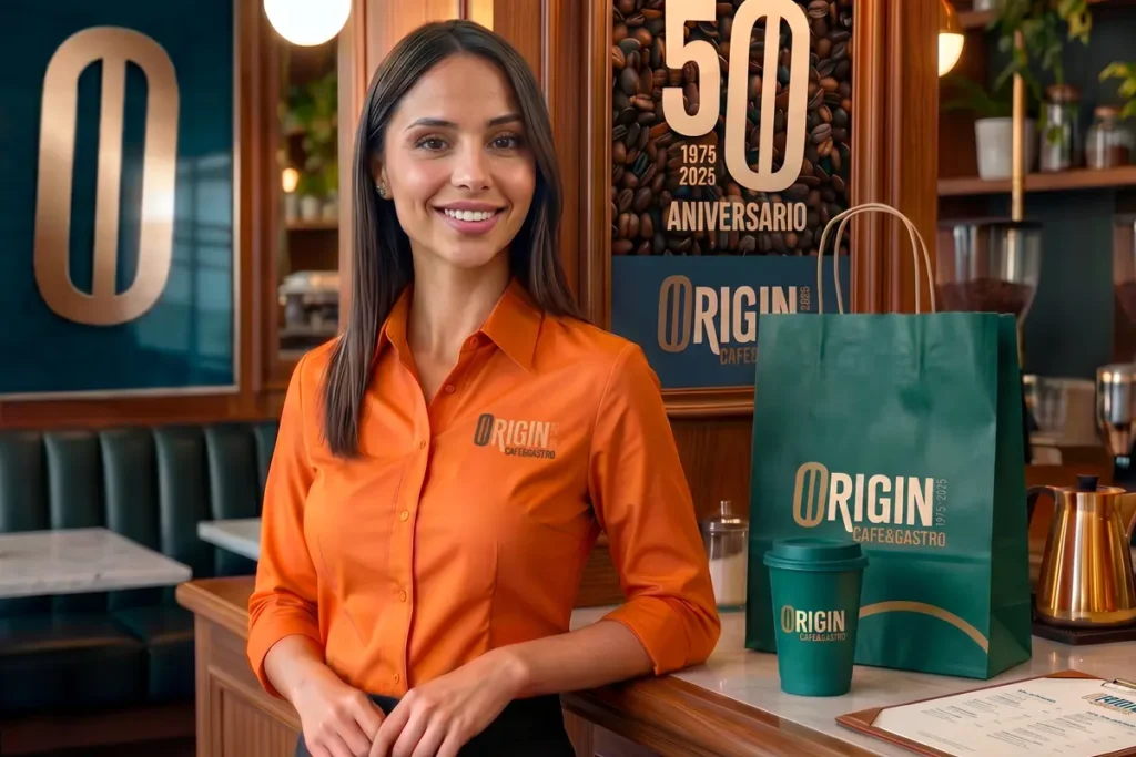 Aplicaciones del branding de Origin Café & Gastro en uniforme, envases y elementos visuales dentro del restaurante