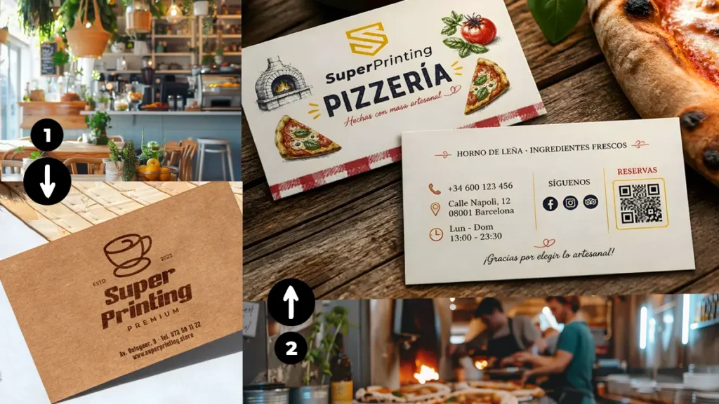 Diseño de tarjetas de visita para hostelería, cafetería de especialidad y pizzería tradicional