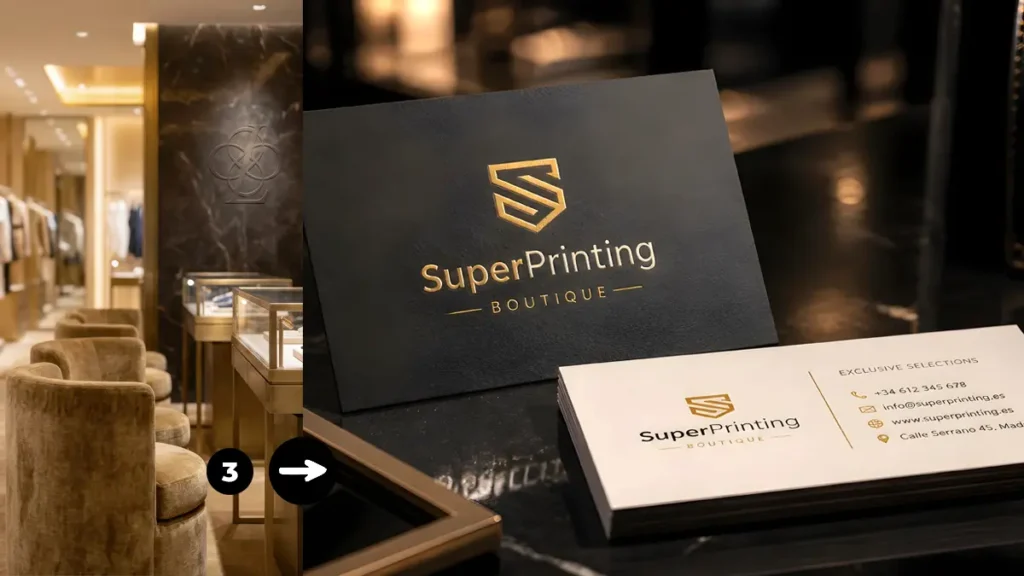 Diseño de tarjetas de visita premium para marcas de lujo, con acabado elegante, textura mate y detalles dorados.