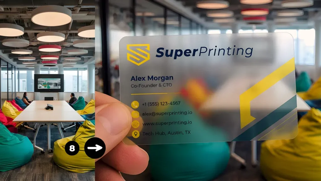 Diseño de tarjeta de visita para startups, empresas tech y negocios digitales en PVC translúcido