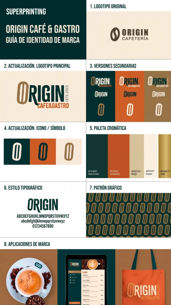 Guía de identidad de marca de Origin Café & Gastro con logotipo original, versión actualizada, paleta cromática, tipografía y aplicaciones visuales