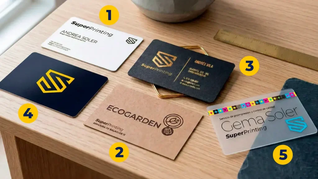 Comparativa de tipos de tarjetas de visita profesionales. kraft premium PVC y recicladas