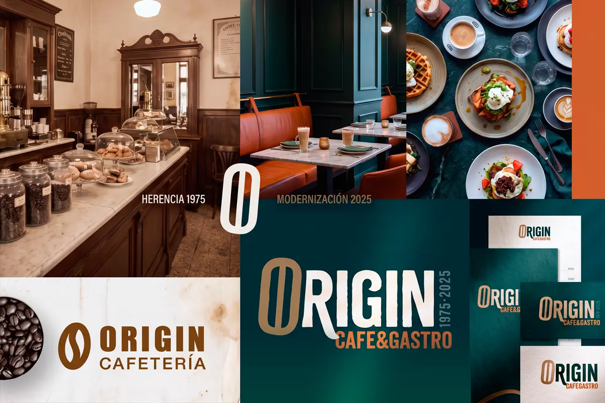 Rebranding para restaurante Origin Café & Gastro con evolución de identidad visual y modernización de marca