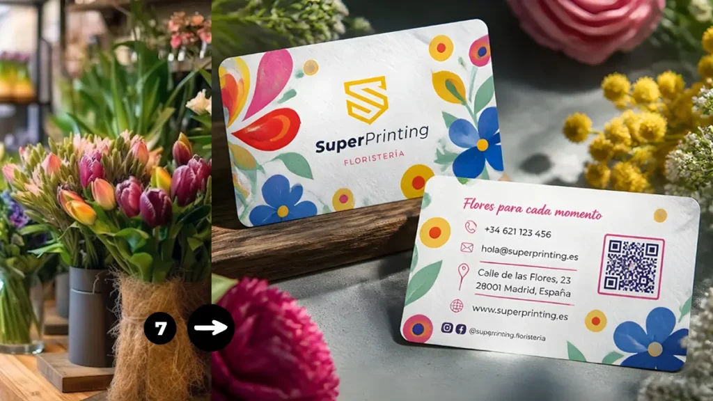 Diseño de tarjeta de visita para comercio local y floristería con QR y redes sociales