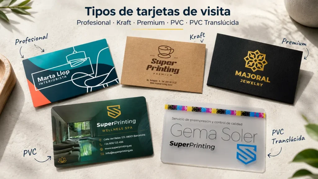 Comparativa de tipos de tarjetas de visita profesionales, kraft, premium, PVC y PVC translúcida