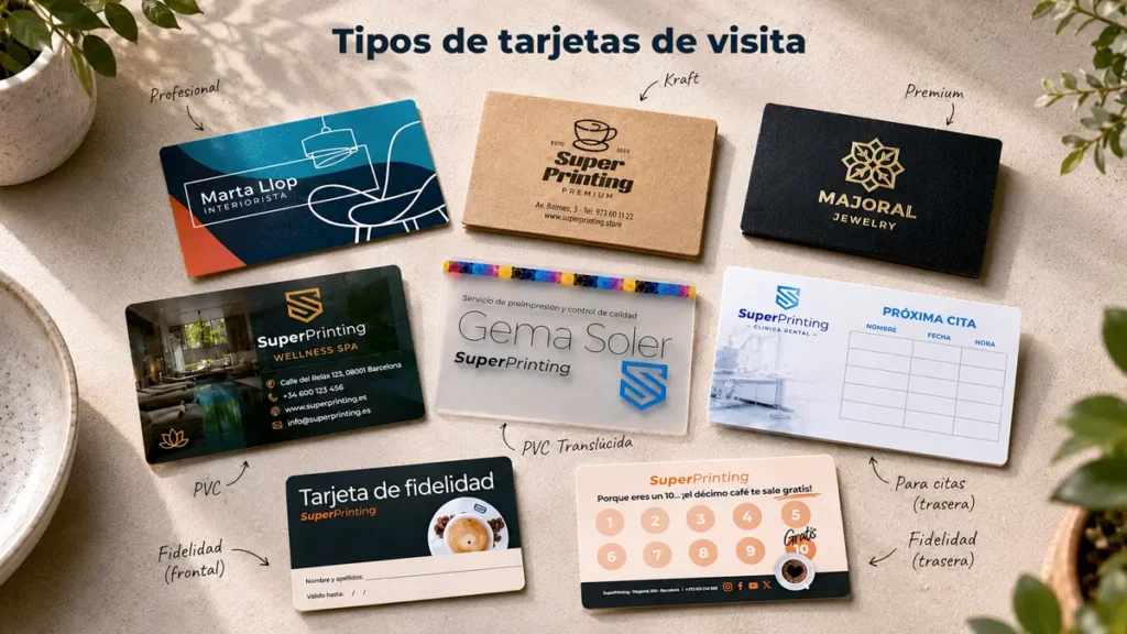 Tipos de tarjetas de visita para tu negocio: ideas y ejemplos 15 Comparativa de tipos de tarjetas de visita profesionales, kraft, premium, PVC, PVC translúcida, para citas y fidelidad