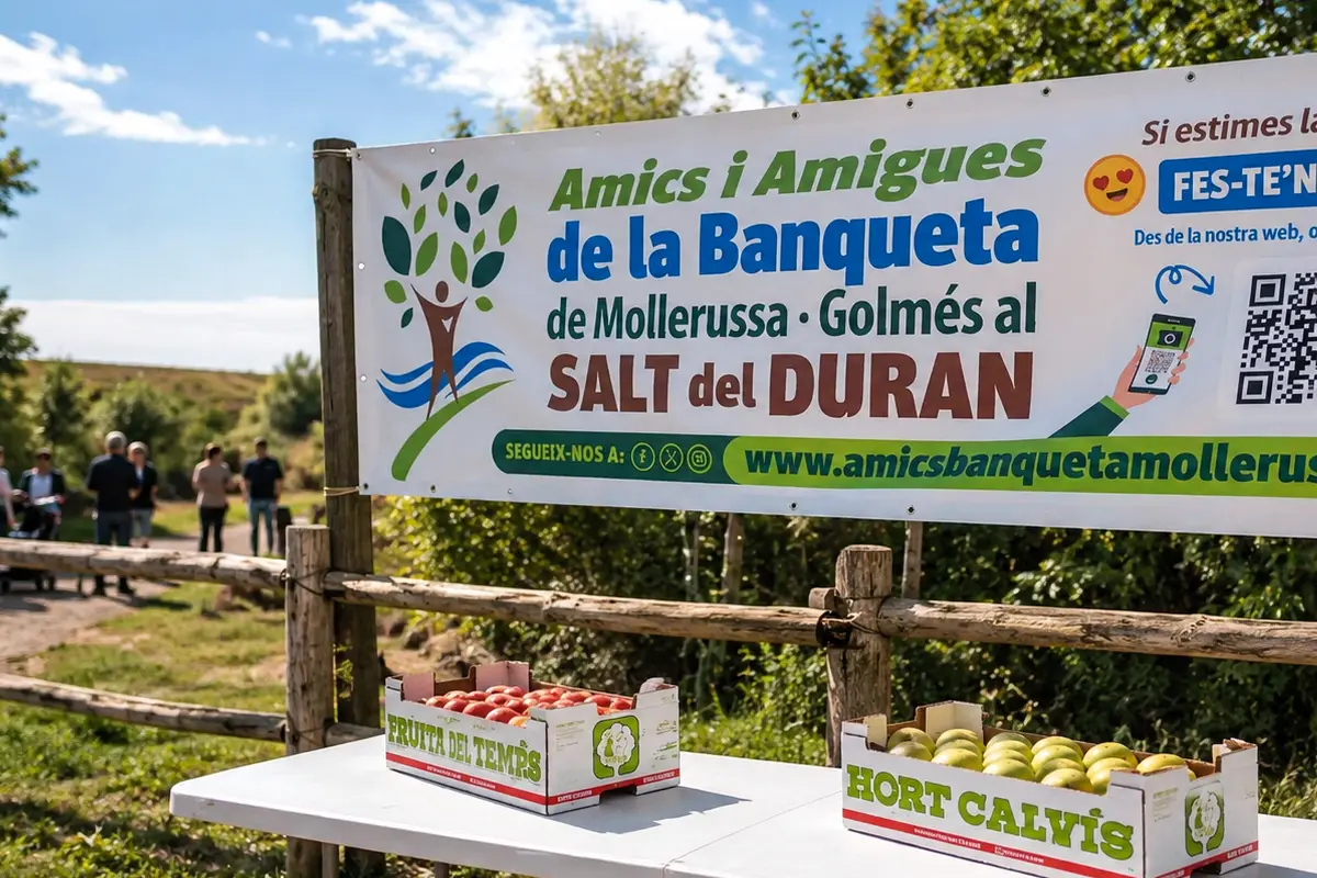 Diseño e impresión solidaria para la asociación Amics i Amigues de la Banqueta de Mollerussa y Golmés instalada en un espacio natural para promocionar la entidad y captar socios mediante código QR.