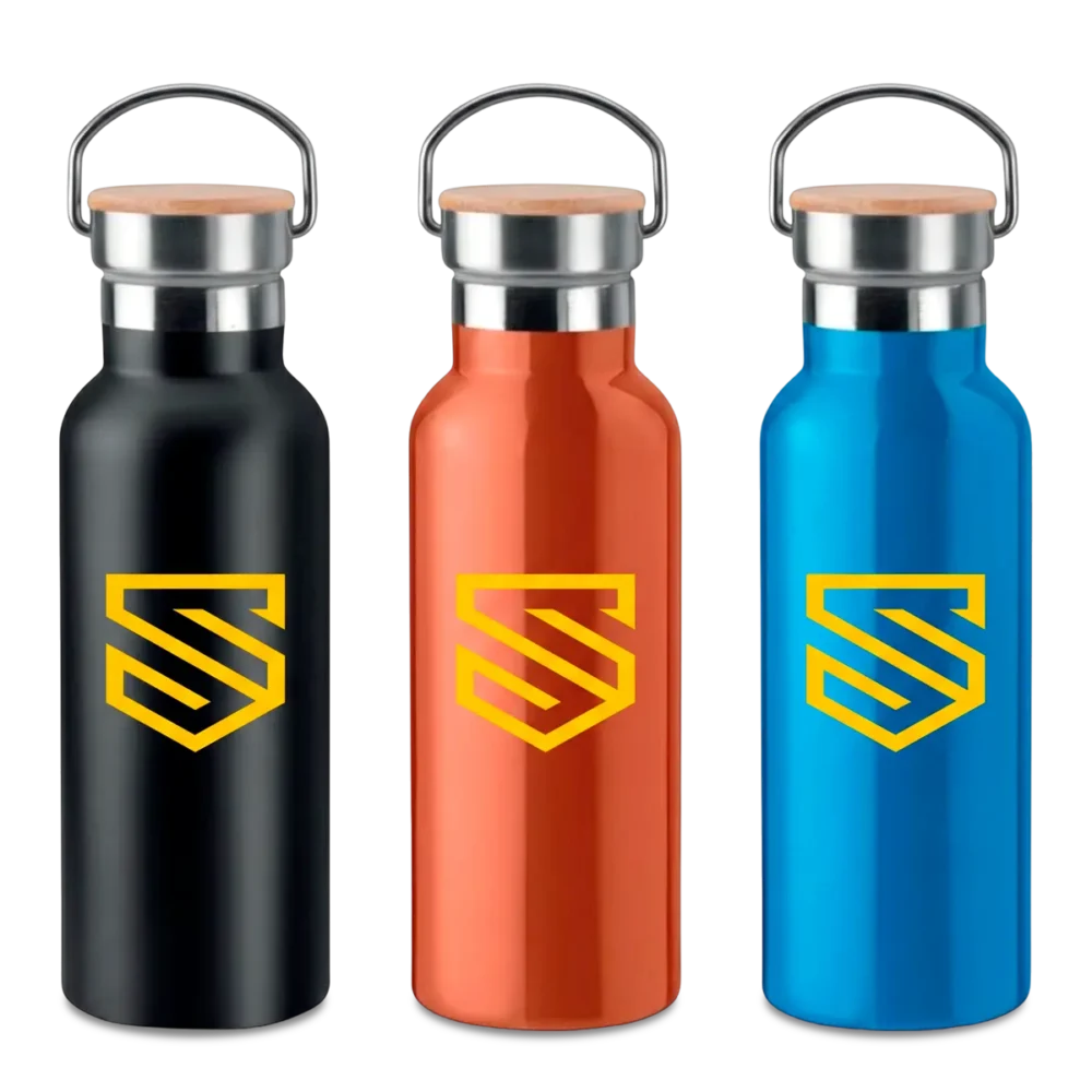 Botella isotérmica personalizada con tapa de bambú en SuperPrinting