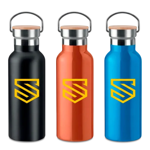 Botella isotérmica personalizada con tapa de bambú en SuperPrinting