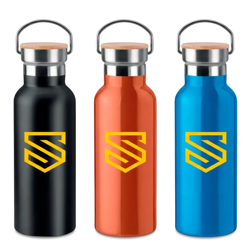 Botella isotérmica personalizada con tapa de bambú en SuperPrinting