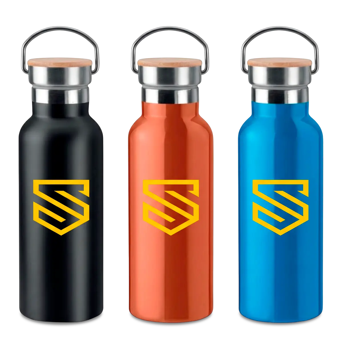 Botella isotérmica personalizada con tapa de bambú en SuperPrinting