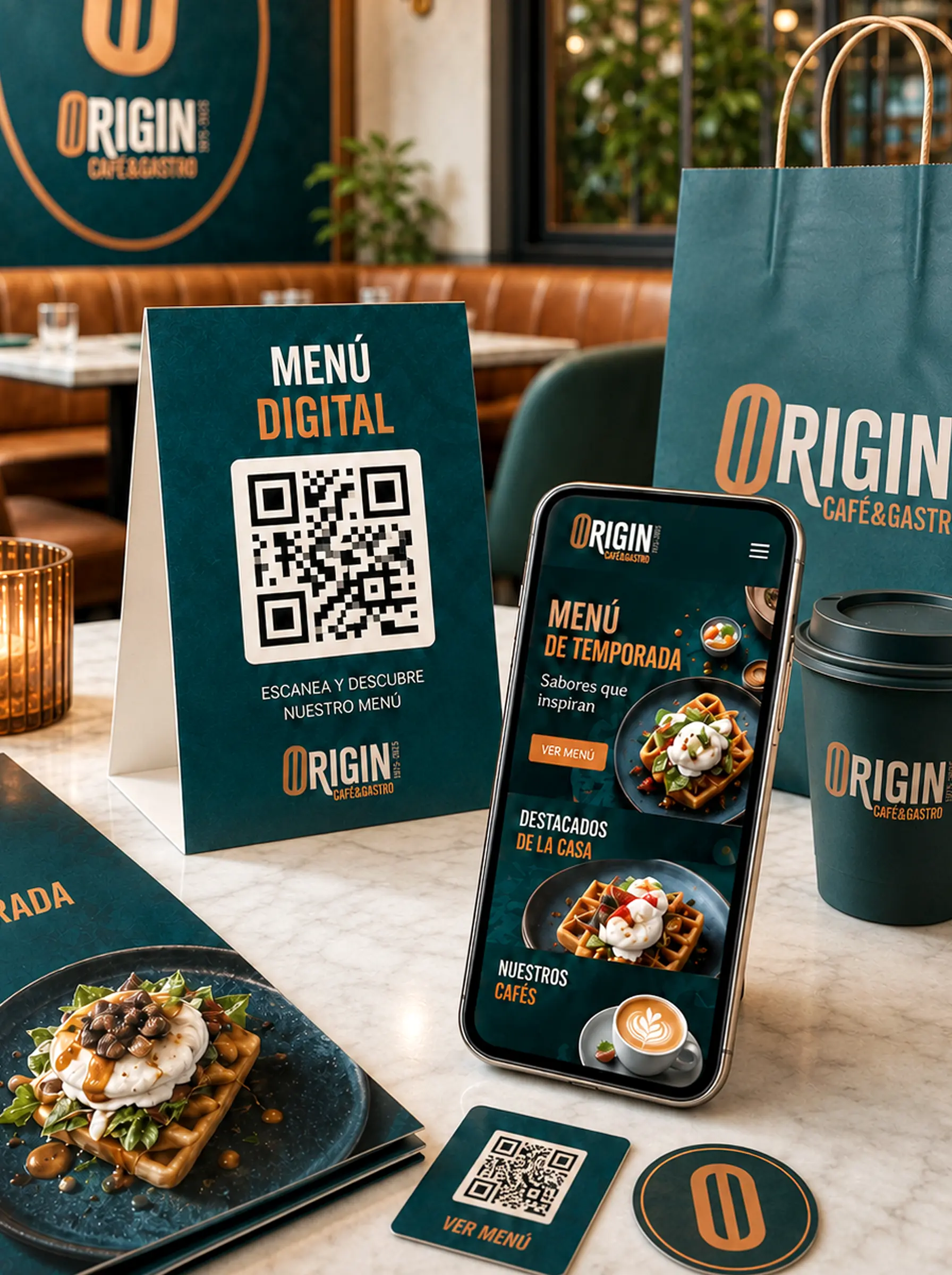 Diseño de carta digital con código QR para restaurantes con menú impreso, soporte de mesa y móvil mostrando la carta digital