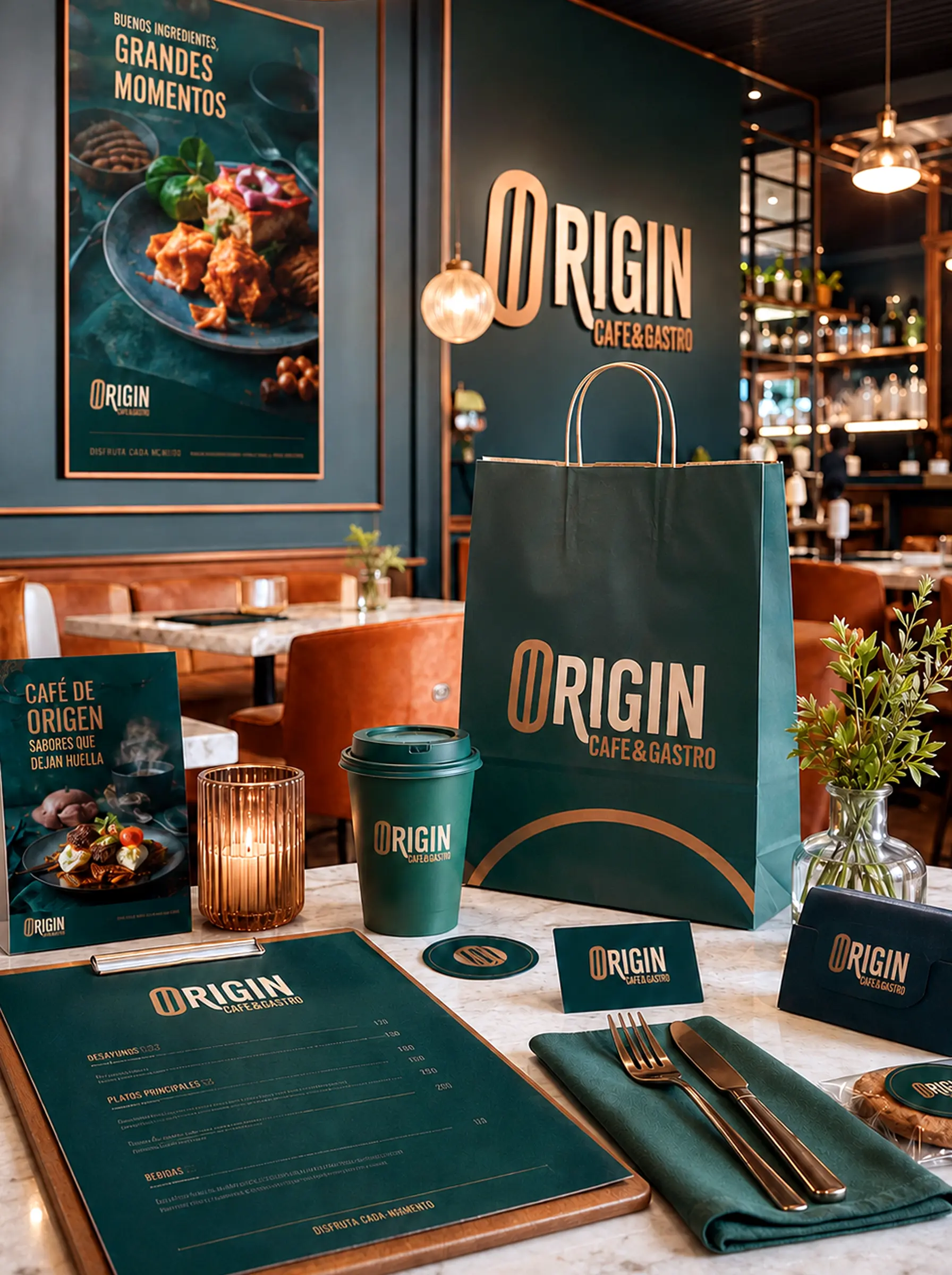 Diseño gráfico para restaurante con carta, menú, packaging take away, vaso personalizado, tarjeta y materiales corporativos en una mesa de restaurante elegante.