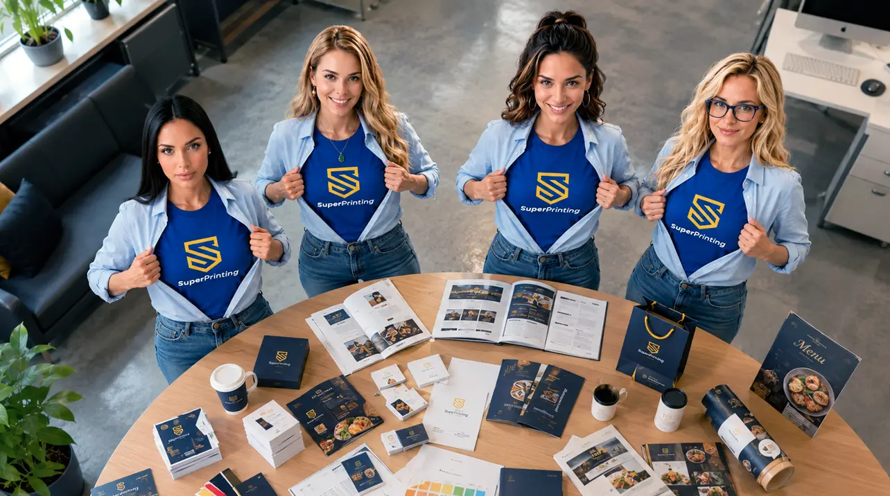 ¿Quiénes somos? SuperPrinting - Impresión profesional online 1 Equipo de SuperPrinting trabajando en una imprenta online profesional con servicios de diseño gráfico e impresión
