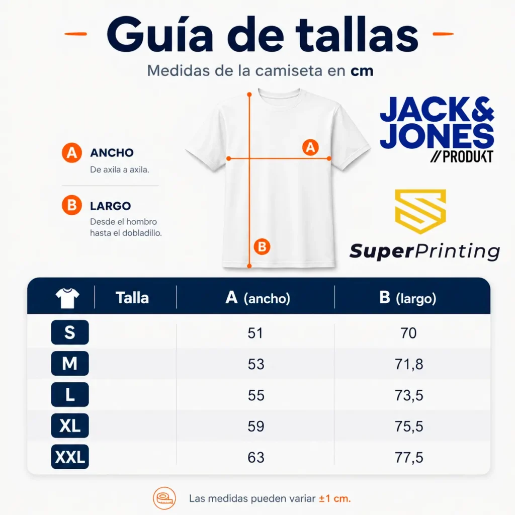 Guía de tallas para camisetas Jack & Jones personalizadas