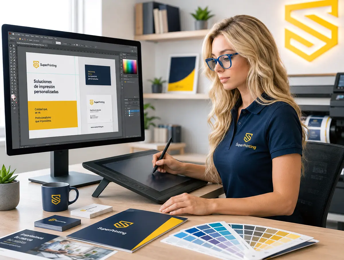 Diseñadora gráfica trabajando en un servicio de diseño gráfico online profesional para empresas en SuperPrinting