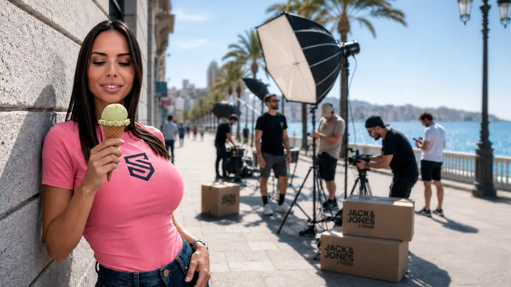 Ropa Jack and Jones personalizada: un shooting, un yate y un helado por los suelos 1 Andrea Soler durante el shooting de ropa Jack & Jones personalizada de SuperPrinting