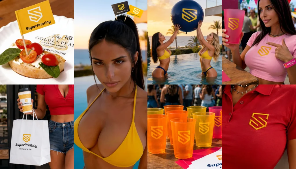 Collage de artículos promocionales de verano personalizados por SuperPrinting para hostelería, eventos y marcas