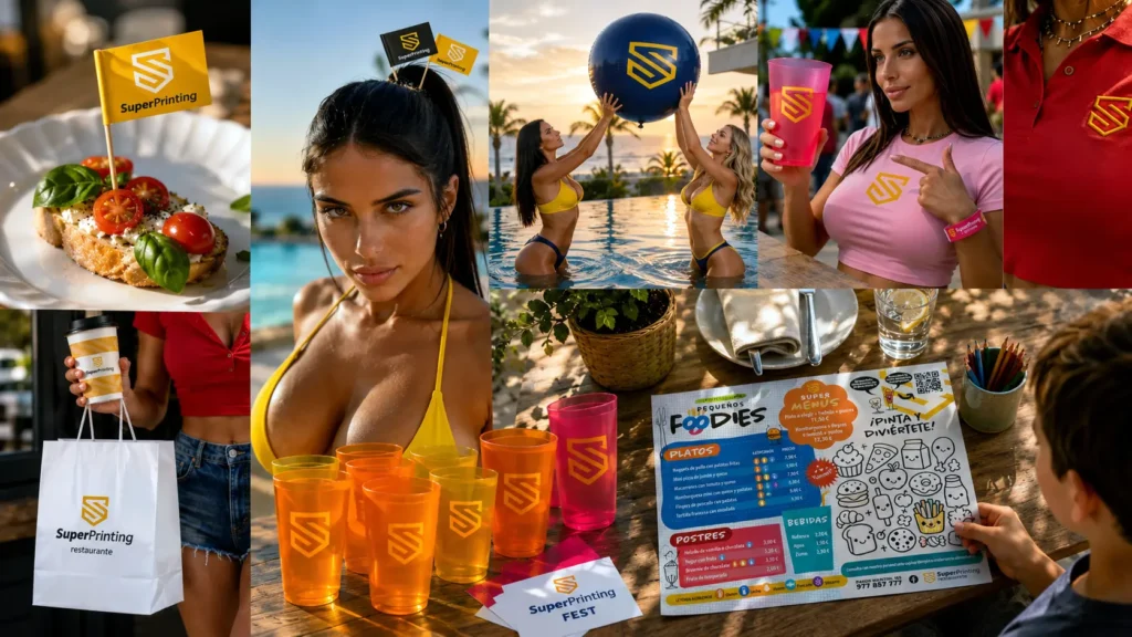 11 ideas de artículos promocionales de verano para destacar tu marca 11 Collage de artículos promocionales de verano personalizados por SuperPrinting para hostelería, eventos y marcas