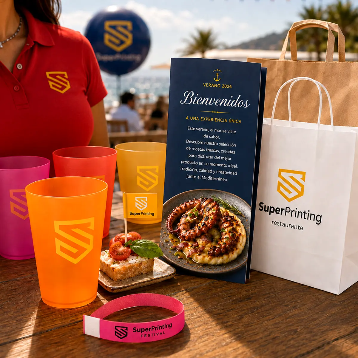 Artículos promocionales de verano personalizados por SuperPrinting en una terraza junto al mar