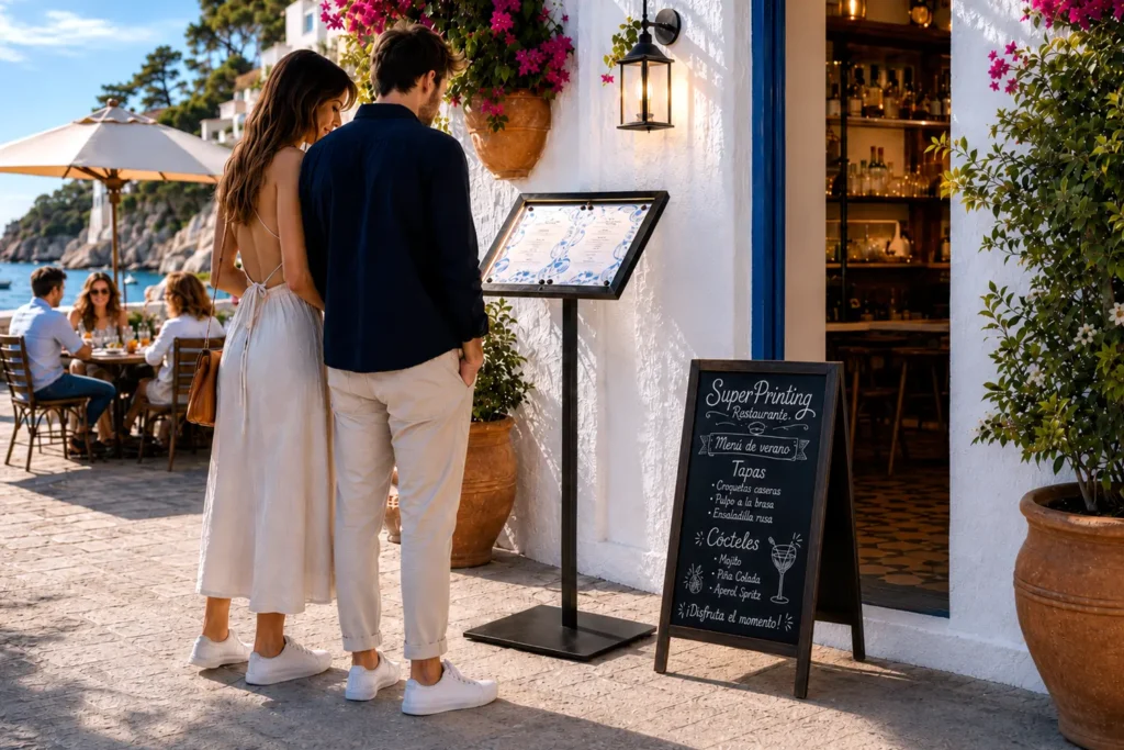 Atril portamenú y pizarra exterior en la entrada de un restaurante