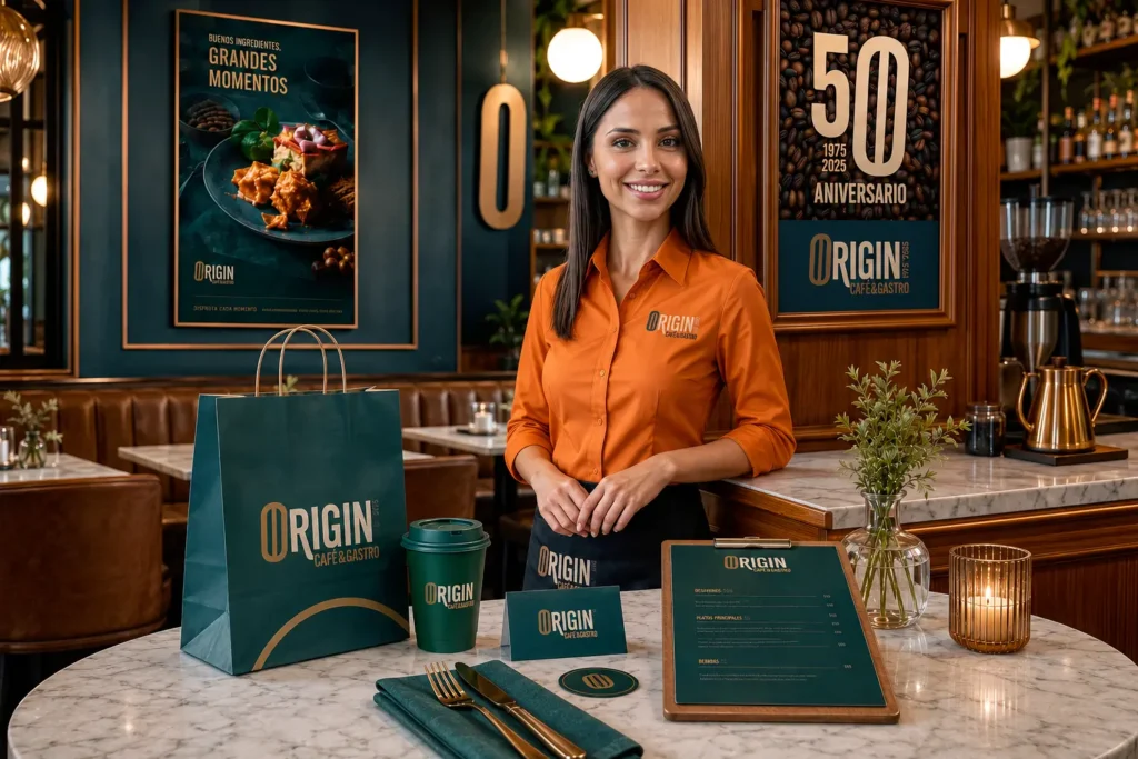 Personal de Origin Café & Gastro con packaging y material gráfico personalizado
