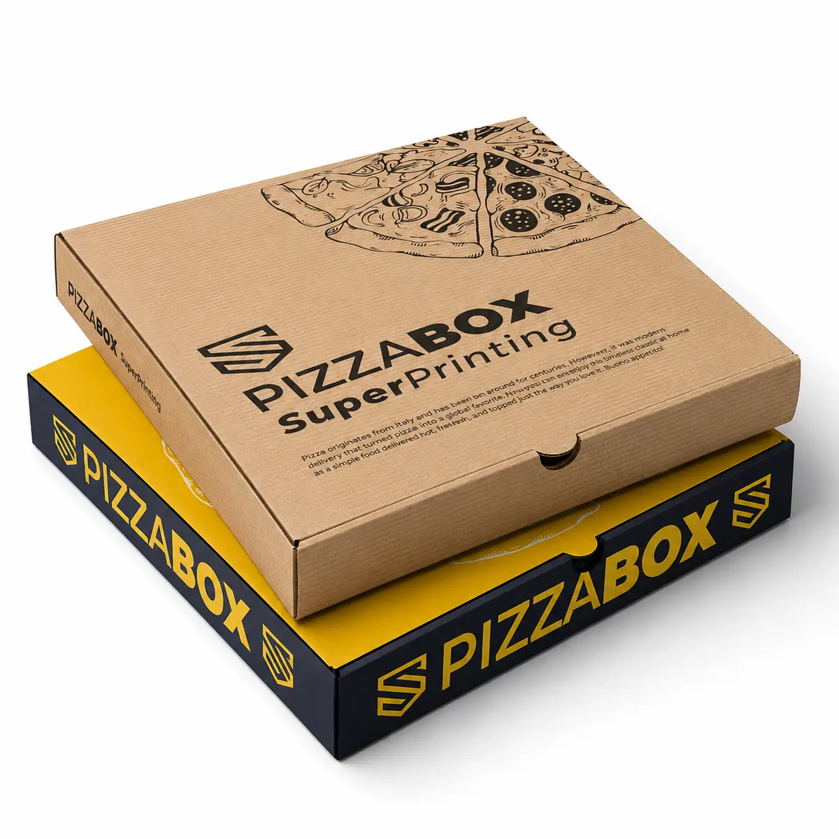 Diseño gráfico e imprenta para restaurantes y hostelería 17 Cajas de pizza personalizadas en SuperPrinting