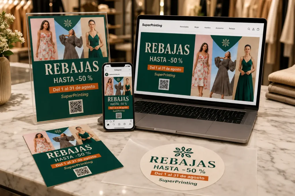Campaña de rebajas coordinada en flyers, carteles, redes sociales y página web