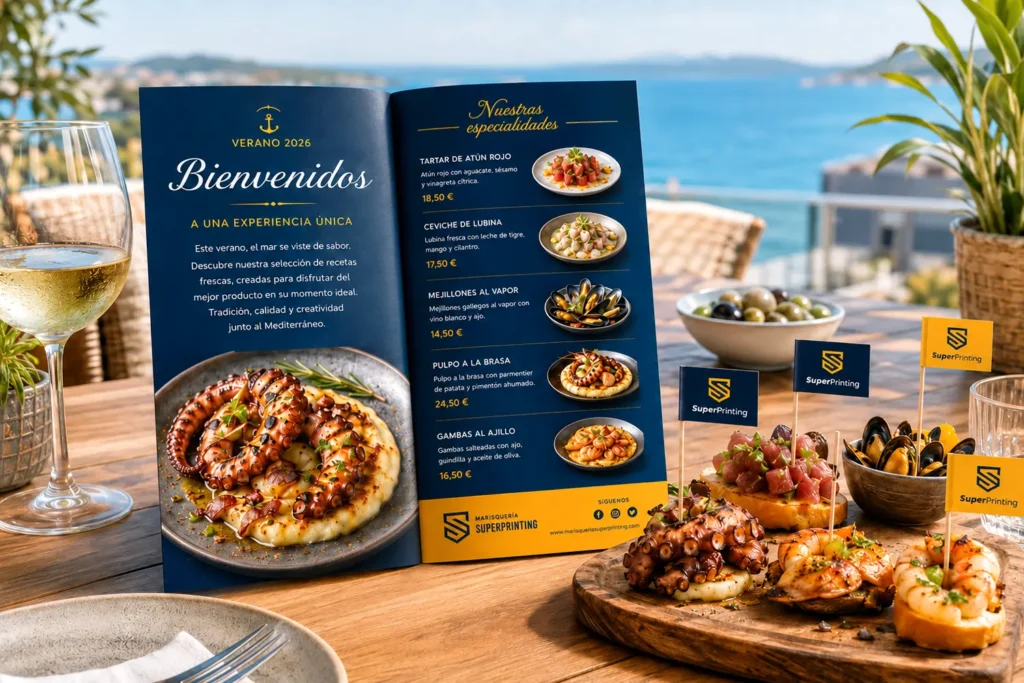 Carta de restaurante díptica y palillos con bandera personalizados