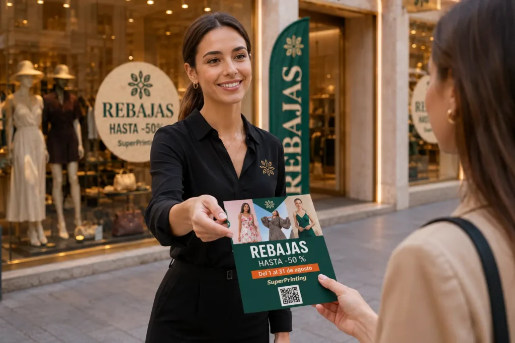 Entrega de flyers publicitarios para anunciar las rebajas de una tienda