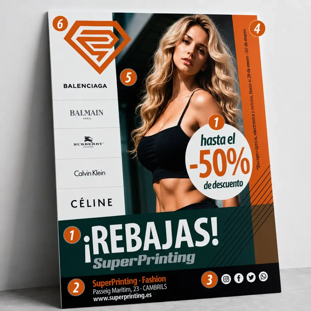 Infografía con los elementos que debe incluir un flyer de rebajas para una tienda