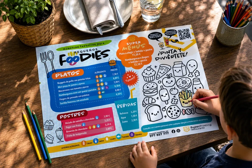 11 ideas de artículos promocionales de verano para destacar tu marca 5 Menú infantil para restaurante en formato mantel A3 para colorear personalizado con logotipo, platos y zona de dibujos