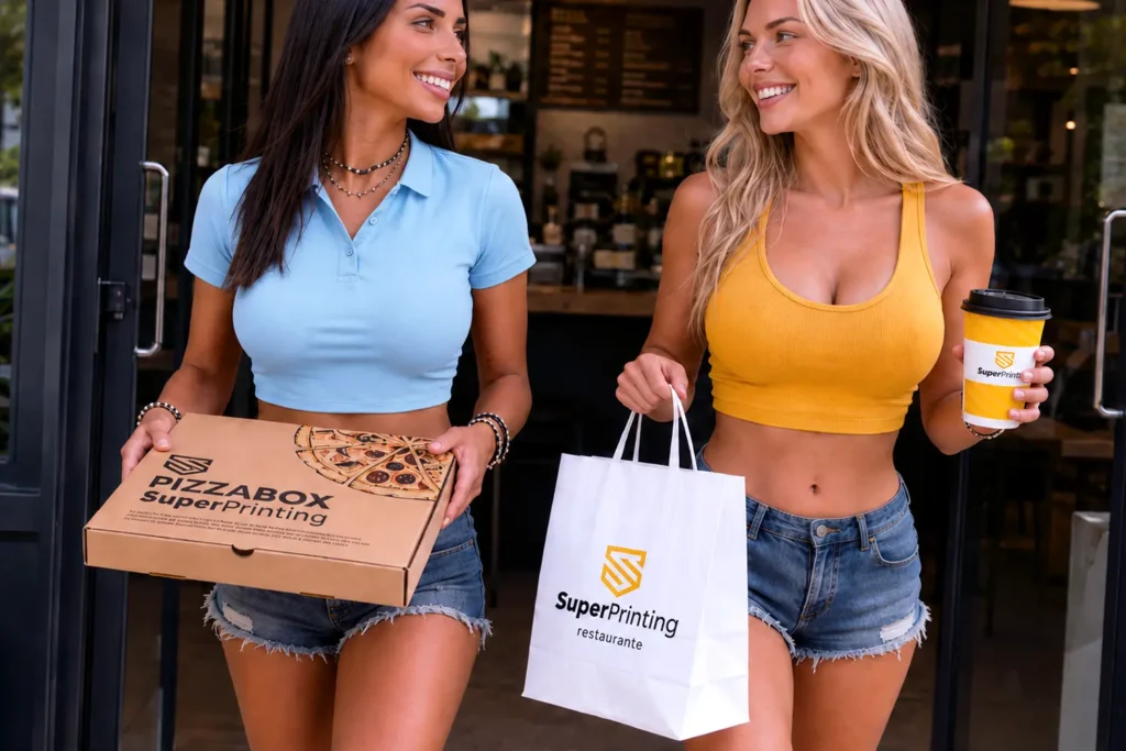 Packaging take away personalizado con bolsa, caja de pizza y vaso