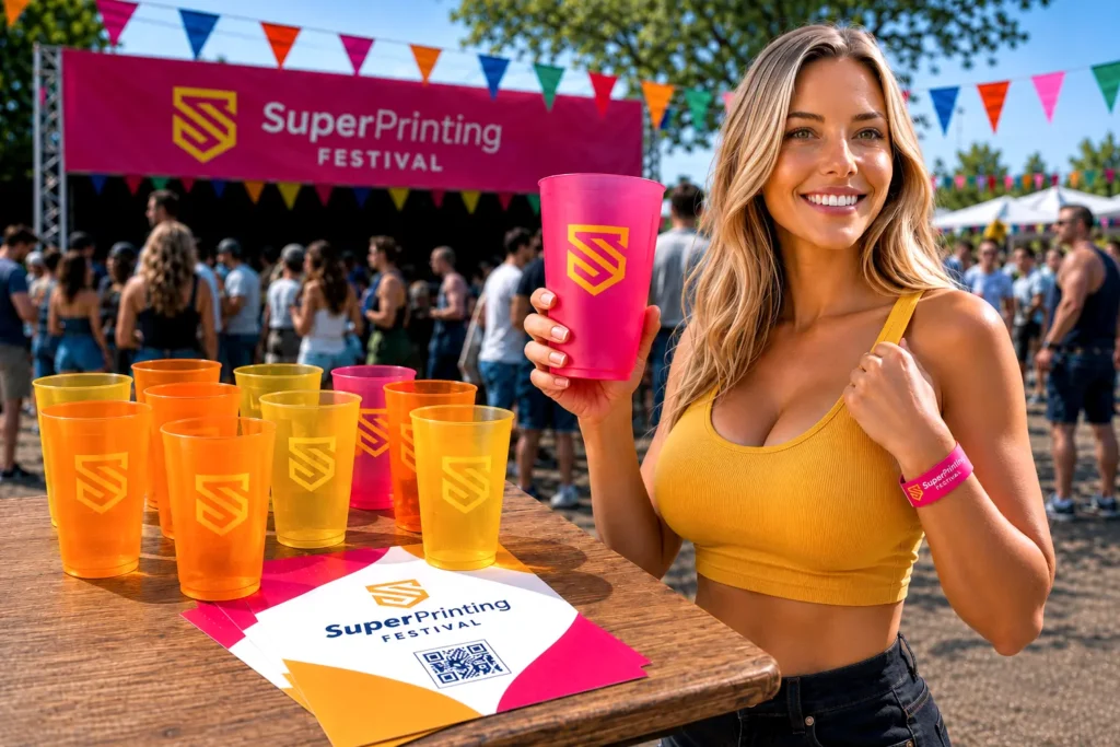 Vasos reutilizables, flyers y pulsera personalizados para un festival