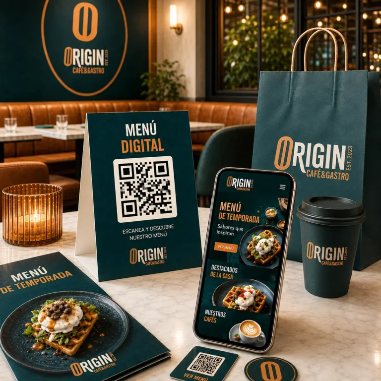 Artículos de restaurante con identidad visual aplicada