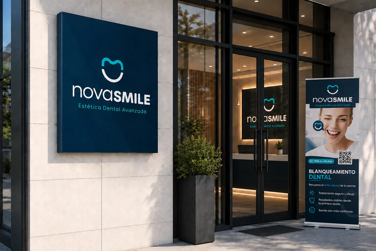 NovaSmile · Branding para clínica dental: diseño de logotipo e identidad visual 1 Entrada de la clínica dental NovaSmile con rótulo corporativo y roll up publicitario de blanqueamiento dental.