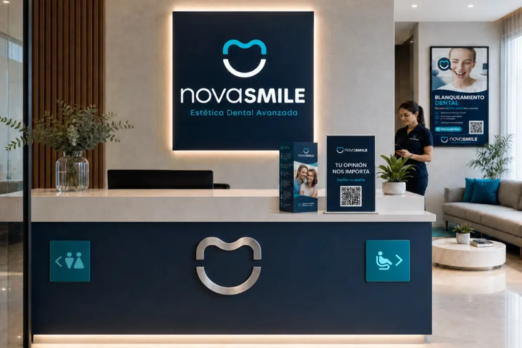 NovaSmile · Branding para clínica dental: diseño de logotipo e identidad visual 2 Aplicación del nuevo branding y diseño de logotipo de NovaSmile en la recepción, la señalética y los materiales corporativos de la clínica dental.