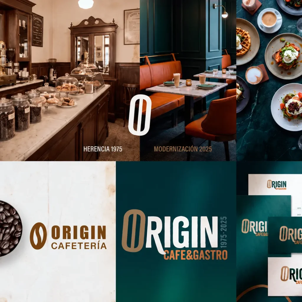 Branding de Origin Café & Gastro aplicado a fachada, packaging, uniforme y material promocional