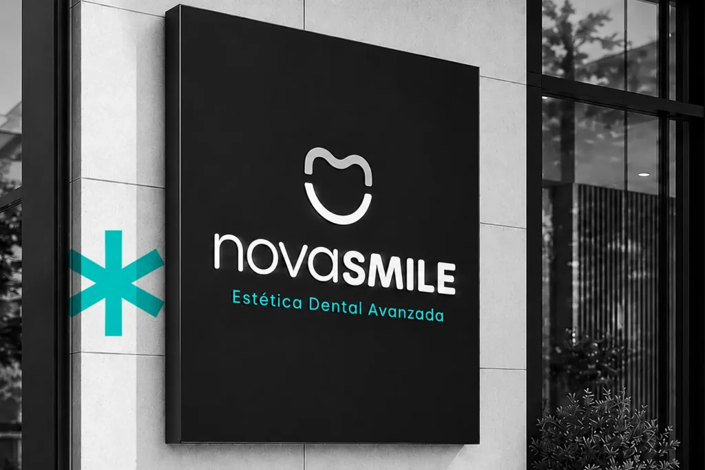 NovaSmile · Branding para clínica dental: diseño de logotipo e identidad visual 5 El descriptor “Estética Dental Avanzada” destaca en color sobre una composición en grises, reforzando el posicionamiento moderno, especializado y contemporáneo de NovaSmile.